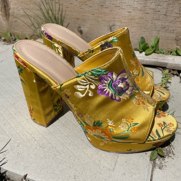 Shoes - Chunky bright yellow floral heels